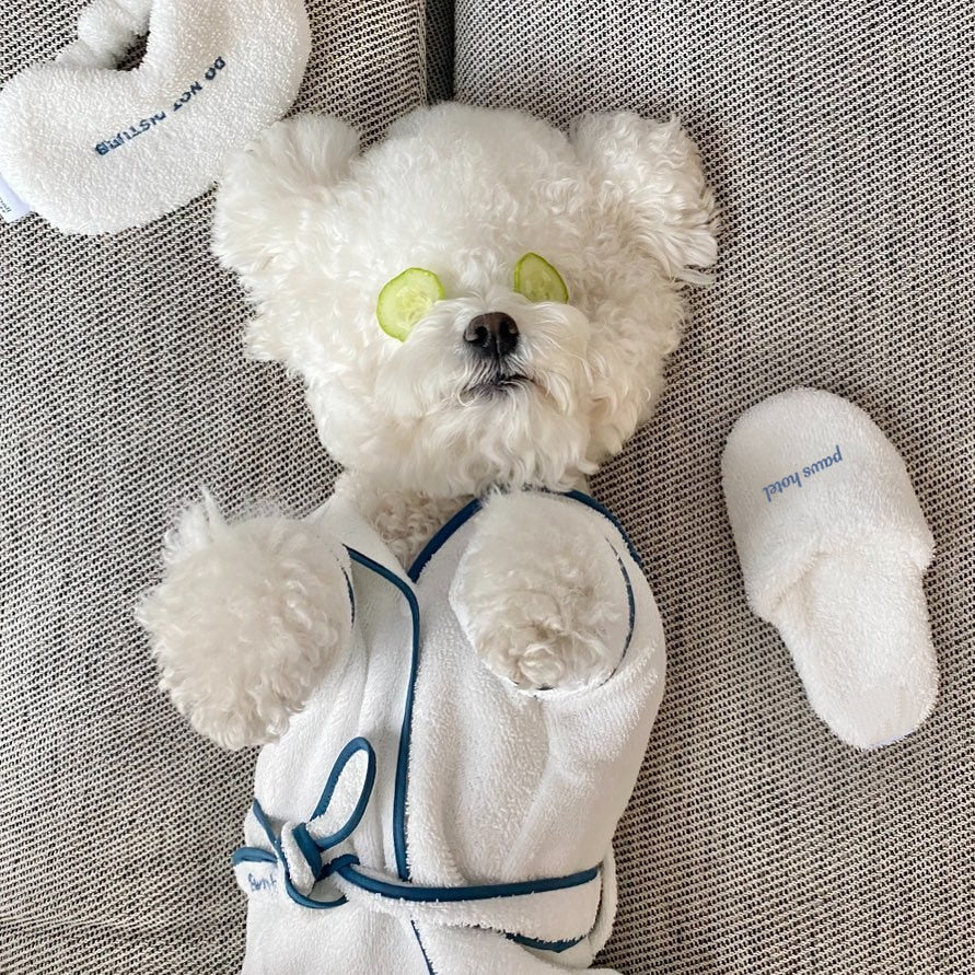 Pooch Bathrobe, Eye Mask, Slippers